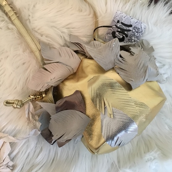 NWT RARE Chi By Carlos FALCHI Genuine Metallic  LEAVES  Bucket/ Crossbody Bag - Picture 10 of 12